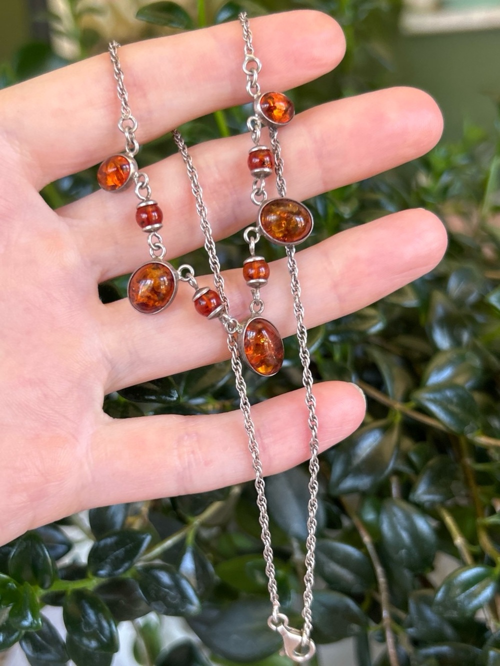 Vintage Amber Stone Sterling Silver Necklace
